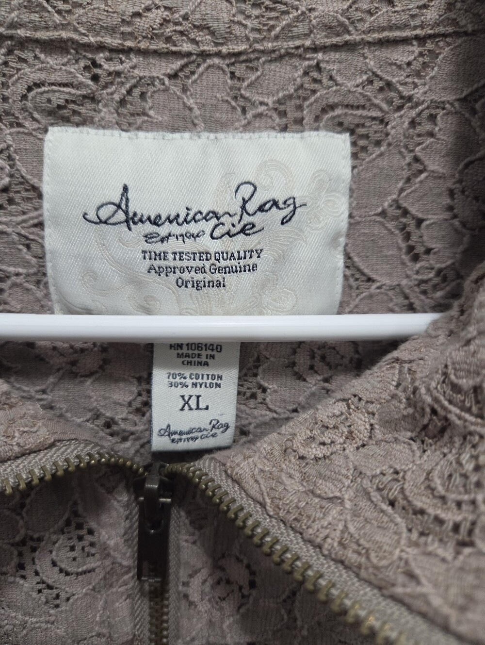 American Rag Lace Zip Jacket XL Taupe Roll Tab Sleeve Cotton Blend Shacket - Picture 2 of 7